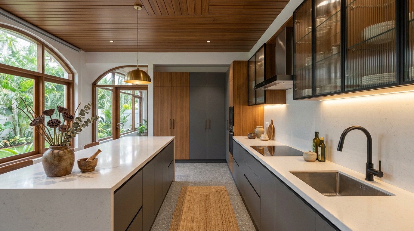 Modern modular kitchen with aluminium frame cabinets and warm lighting