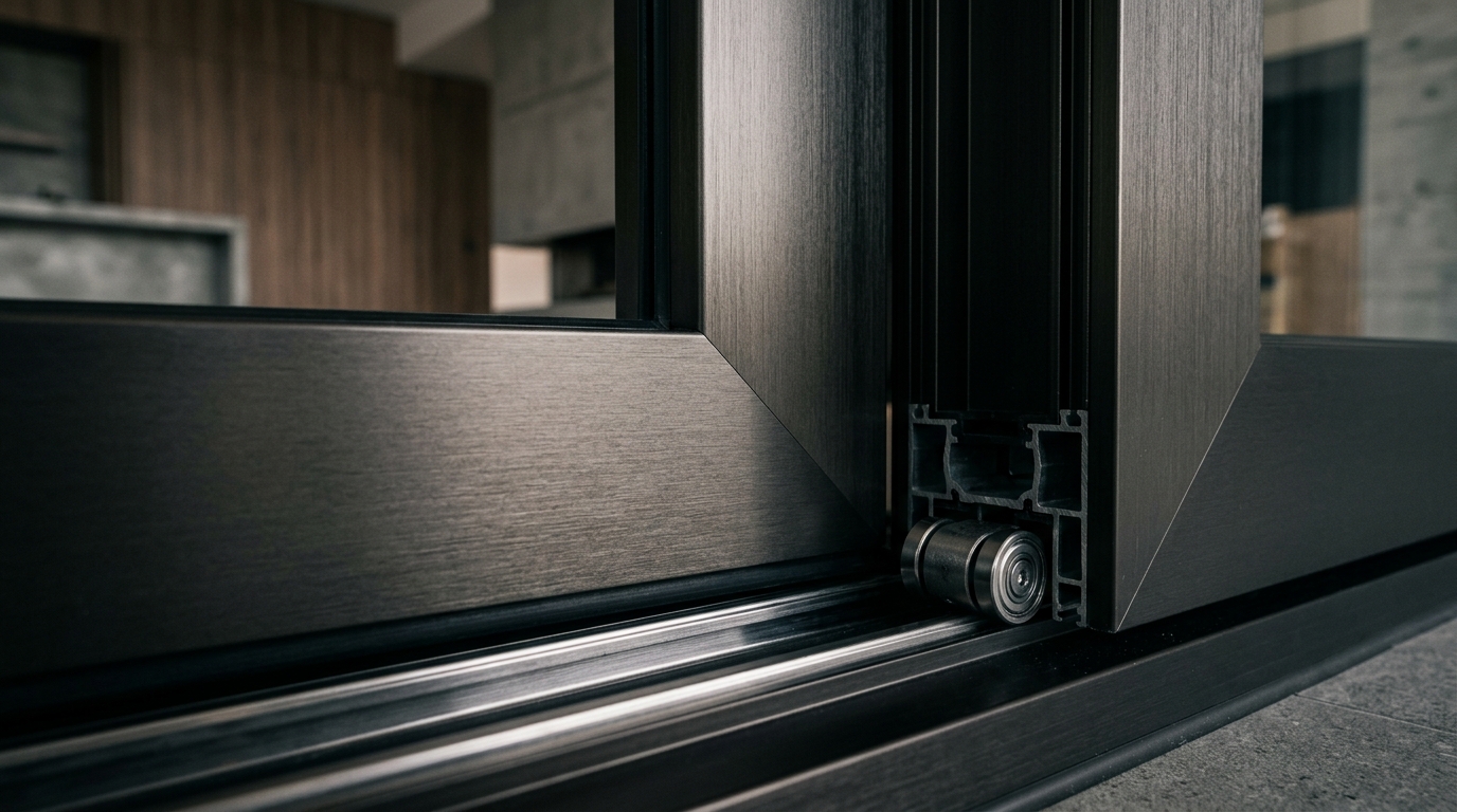 Macro detail of aluminium sliding frame and precision hardware roller